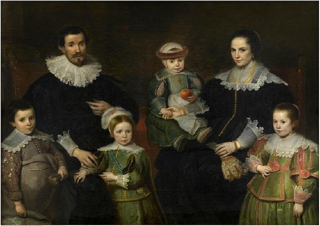 a family of six in early modern dress